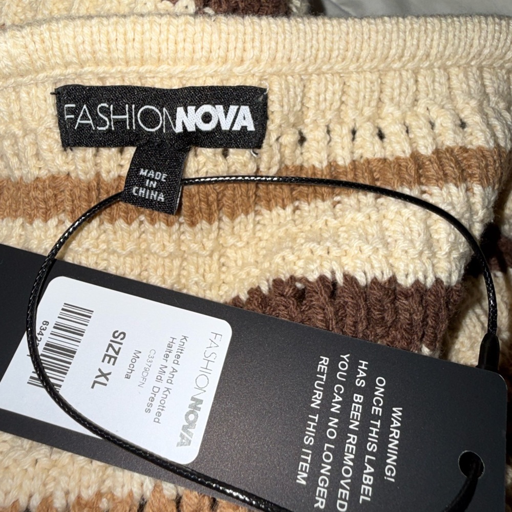 Fashion nova Brown and Cream Knitted and knotted crochet halter Midi Dress - Picture 9 of 10
